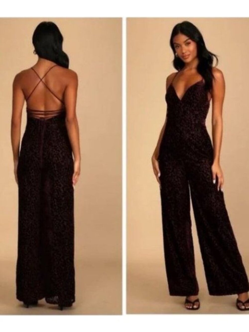 Lulus Very Classy Plum Floral Burnout Velvet Lace-Up Wide-Leg Jumpsuit